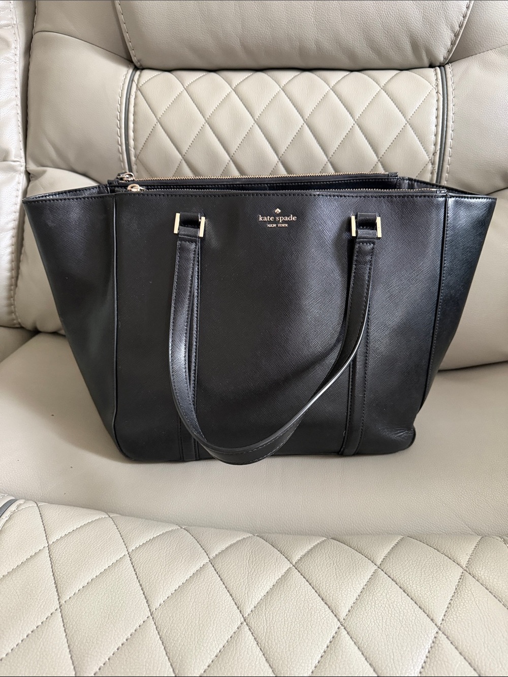 kate spade Black Leather Shoulder Tote with Gold Hardware